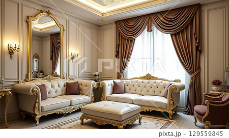 Elegant living room with luxurious furniture and ornate decorations in a bright, inviting space Elegant living room with luxurious furniture and ornate decorations in a bright, inviting space 129559845