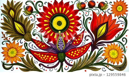 Vibrant floral design showcasing traditional art style with bright colors and intricate details 129559846