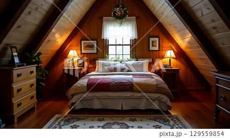 Cozy attic bedroom with wooden accents and warm lighting in a rustic home setting 129559854
