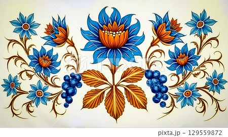 Colorful floral design featuring blue flowers and grapes on a light background 129559872