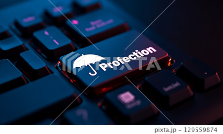 Keyboard close-up showcasing a key with an umbrella symbol representing protection in digital environments 129559874