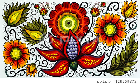 Bright floral pattern with intricate designs showcasing vibrant flowers and leaves 129559875