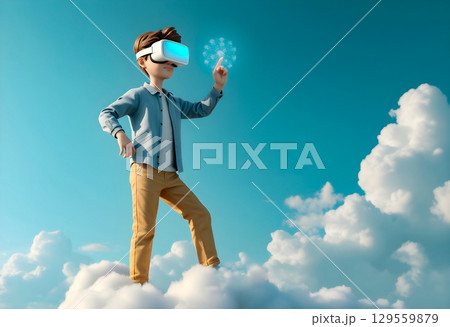 Child explores virtual reality while standing on clouds under a clear blue sky Child explores virtual reality while standing on clouds under a clear blue sky 129559879