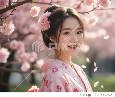 Portrait of a woman in a traditional outfit enjoying cherry blossoms in springtime 129559892