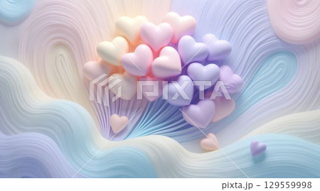 Colorful heart shapes floating in soft pastel waves create a serene and playful ambiance in a whimsical setting 129559998