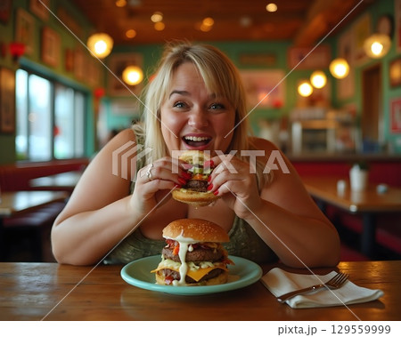 Joyful woman enjoying a giant burger in a cozy diner during lunch hour with vibrant decor 129559999