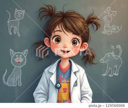 Young girl in a lab coat happily engages in a science lesson about animals at a classroom 129560006