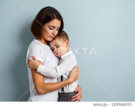 Mother gently embraces her sleeping child in a serene indoor setting 129560033