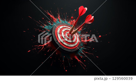 Two darts hitting a bullseye on a dartboard with colorful paint splatter creating a dynamic visual effect 129560039