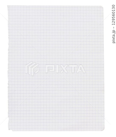 Torn-out checkered notebook page template isolated on transparent background. Ripped teared edge. Empty note paper mockup. Writing, notes, school or organization concept, cut out graphic object 129560130