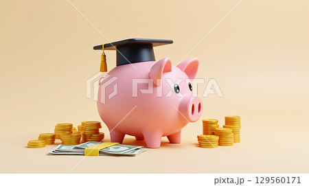 A piggy bank wearing a graduation cap surrounded by money and coins, representing savings for education expenses 129560171