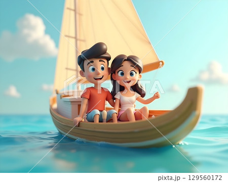 Couple enjoying a sunny boat ride on a calm ocean in a cartoon-style illustration Couple enjoying a sunny boat ride on a calm ocean in a cartoon-style illustration 129560172