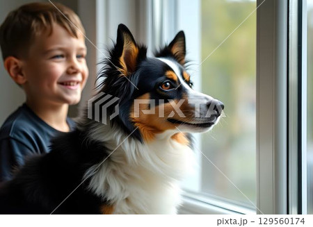 Boy and dog enjoy a moment together by the window while looking outside on a sunny day 129560174