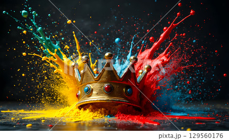 Colorful crown surrounded by vibrant splashes of paint in a creative celebration of royalty and art 129560176