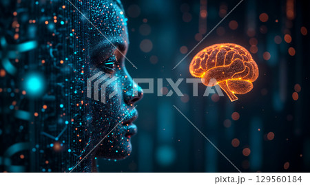 A futuristic digital representation of a woman with a glowing brain, symbolizing the connection between technology and human intelligence A futuristic digital representation of a woman with a glowing brain, symbolizing the connection between technology and human intelligence 129560184