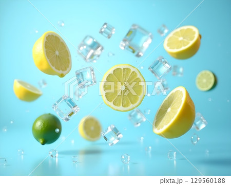 Fresh lemons and limes float with ice cubes against a blue background for summer beverage inspiration Fresh lemons and limes float with ice cubes against a blue background for summer beverage inspiration 129560188