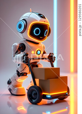 Robot delivering packages in a vibrant, futuristic environment with glowing lights and boxes 129560201