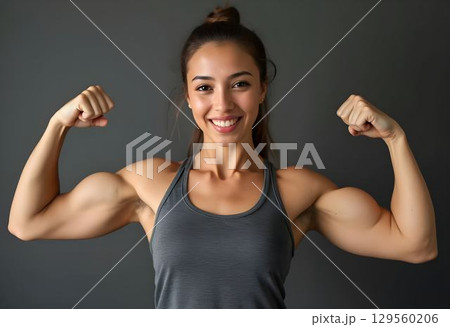 Strong woman shows off her muscular arms and confident smile in a workout setting 129560206