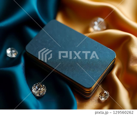 Elegant arrangement of blank business cards on luxurious fabric with decorative gems in the background Elegant arrangement of blank business cards on luxurious fabric with decorative gems in the background 129560262