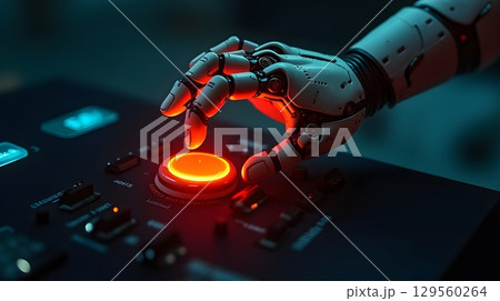 Robotic hand pressing glowing control button in a futuristic setting at night Robotic hand pressing glowing control button in a futuristic setting at night 129560264