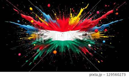 Vibrant explosion of color representing national pride with a central flag in a dynamic display on a black background 129560273