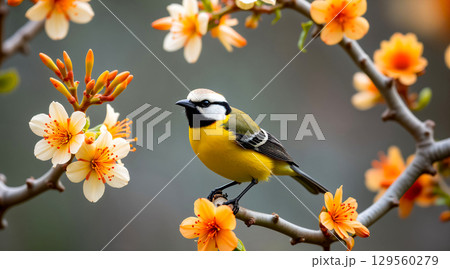 Colorful bird perched on blooming branch during spring in a tranquil garden setting 129560279
