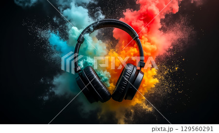 Colorful explosion of sound waves surrounding black headphones in a creative atmosphere 129560291