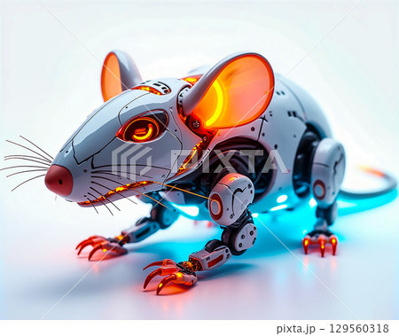 Futuristic robotic mouse with glowing features and intricate design displayed against a bright background Futuristic robotic mouse with glowing features and intricate design displayed against a bright background 129560318