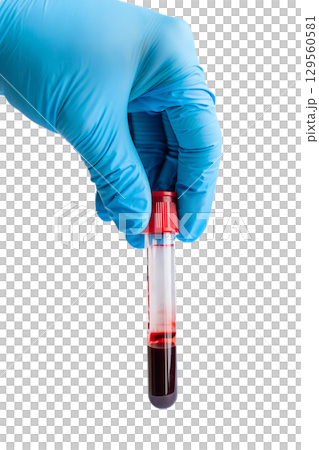 Gloved hand holding blood sample in test tube, medical laboratory analysis concept isolated on transparent background 129560581