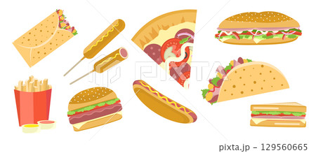 Flat bright vector fastfood set including hamburger, pizza, sandwich, taco, burrito, shawarma. Tasty street food symbols for cafe, bar, restaurant menu design, logo, print, sticker 129560665