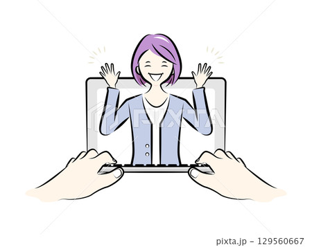 ノートパソコンで画面越しにオンライン会議をするテレワーク中のビジネスパーソン｜ビジネスイラスト 129560667