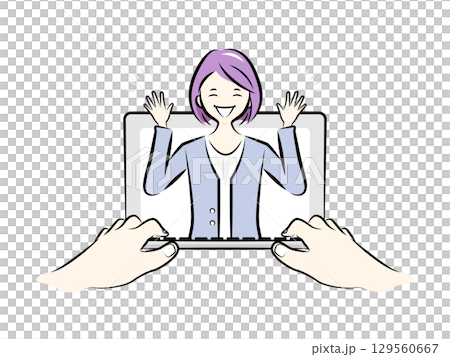 ノートパソコンで画面越しにオンライン会議をするテレワーク中のビジネスパーソン｜ビジネスイラスト 129560667