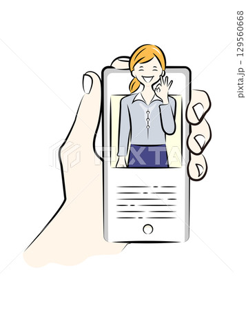 スマートフォンで画面越しにオンライン会議をするテレワーク中のビジネスパーソン｜ビジネスイラスト 129560668