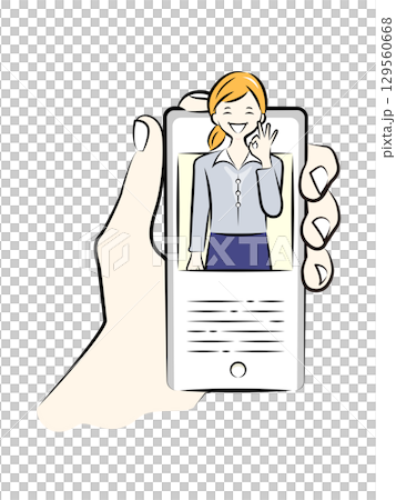 スマートフォンで画面越しにオンライン会議をするテレワーク中のビジネスパーソン｜ビジネスイラスト 129560668