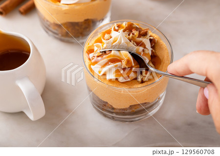 Pumpkin cheesecake in a glass, fall dessert idea, no bake Thanksgiving dessert Pumpkin cheesecake in a glass, fall dessert idea, no bake Thanksgiving dessert 129560708