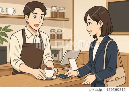 カフェでの注文・接客のやり取りシーン（アニメ風） 129560815