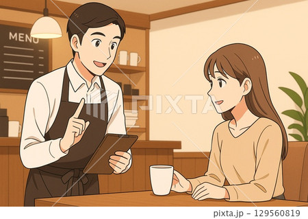 カフェでの温かみある接客シーン(アニメ風) カフェでの温かみある接客シーン(アニメ風) 129560819