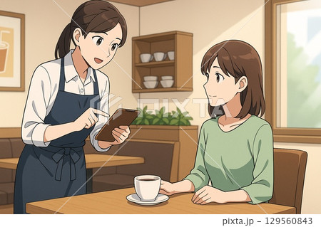 カフェで過ごす心温まるひととき（アニメ風） 129560843