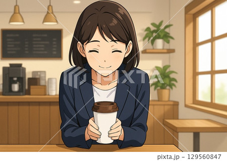 カフェでくつろぐ女性の笑顔（アニメ風） 129560847
