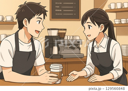 カフェで談笑する男女スタッフ（アニメ風） 129560848