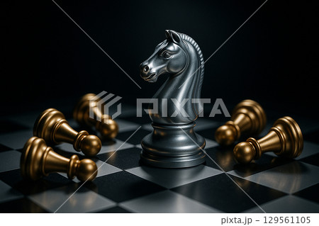 Silver knight with golden pawns positioned on reflective dark surface Silver knight with golden pawns positioned on reflective dark surface 129561105