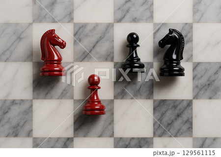 Red knight with pawns challenging black knight and pawns on white board 129561115