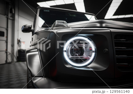 Close up view of a Mercedes AMG G Class with matte black finish, circular LED headlight, and angular design in a showroom with checkered flooring. 129561140
