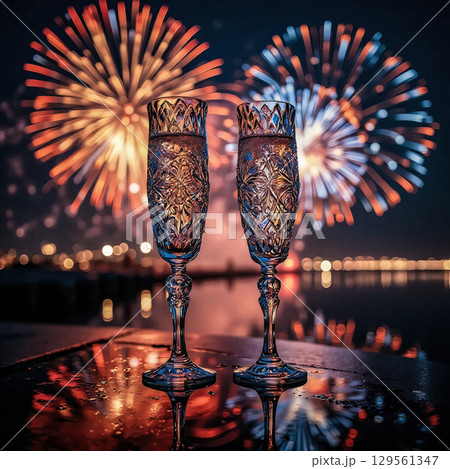 Two crystal glasses of champagne against a backdrop of fireworks. Two crystal champagne glasses filled with sparkling wine are set against the backdrop of a spectacular colorful fireworks display expl 129561347