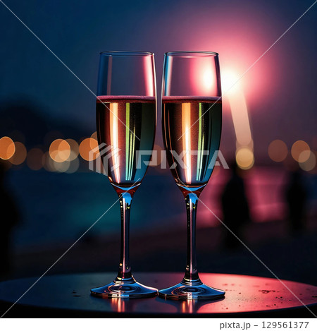 Two glasses of champagne against the backdrop of the bright lights of the night sky. Two free-standing champagne glasses shimmer exquisitely in the festive night atmosphere, replete with gloss. 129561377