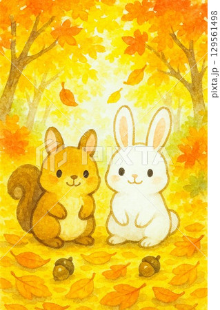 秋の森で出会ったウサギとリス 129561498