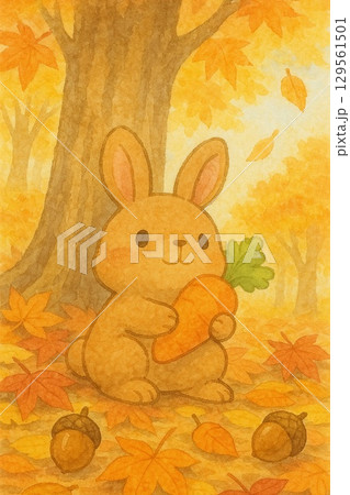 秋色に包まれる茶色のウサギ  129561501