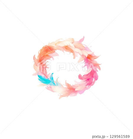 カラフルな羽の円形エフェクト、装飾、素材、囲い、背景なし 129561589