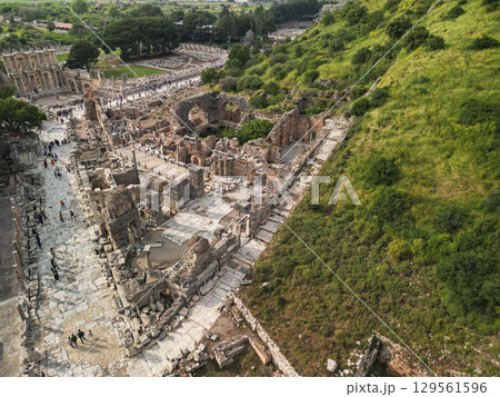 Aerial view along curetes street ruins by the hillside at ephesus, Turkey Aerial view along curetes street ruins by the hillside at ephesus, Turkey 129561596