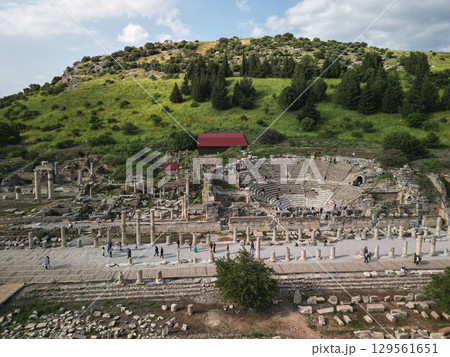 Aerial view of Ephesus odeon ruins and marble avenue in Selcuk, Turkey Aerial view of Ephesus odeon ruins and marble avenue in Selcuk, Turkey 129561651